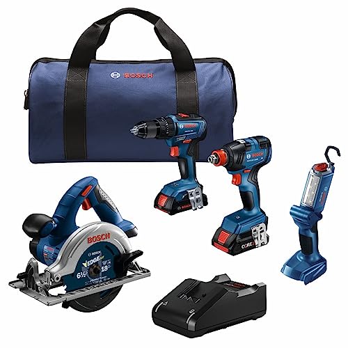 Bosch 18V 4-Tool Combo Kit with 2-In-1 1/4 In. and 1/2 In. Bit/Socket Impact Driver, 1/2 In. Hammer Drill/Driver, Circular Saw, Worklight with (1) CORE18V 4 Ah Battery & (1) 2 Ah Battery Hot on Sale