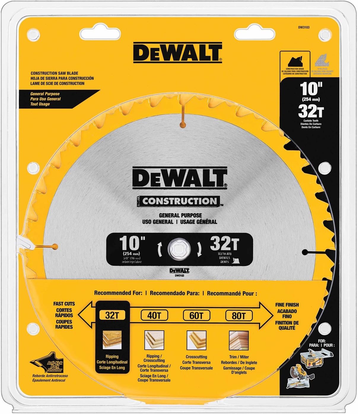 DeWALT (DW3103) Series 20 10-Inch 32 Tooth ATB Thin Kerf General Purpose Saw Blade with 5/8-Inch Arbor Supply