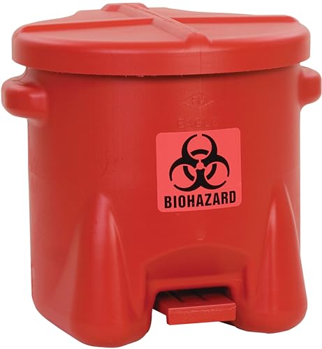 Eagle 10 Gallon Biohazard Trash Can with Foot-Operated Self-Closing Lid, 22″ x 18″ x 18″, Made in The USA from High-Density Polyethylene, Red, 945BIO Online now