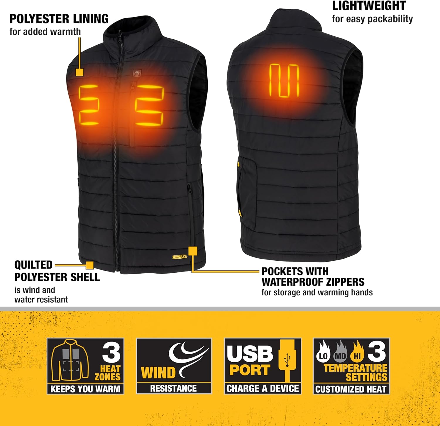 DEWALT (DCHV095BD1) Cold Weather Men’s Heated Puffer Vest Kit with Battery – Black, Size S Supply