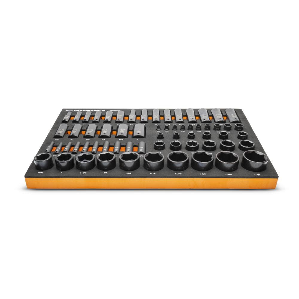 GEARWRENCH 63 Piece 1/4″, 3/8″, 1/2″ Drive 6 Point SAE Impact Socket Set in Foam Storage Tray | GWMSISKSAE on Sale