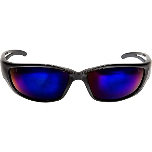 Edge SK-XL118 Kazbek XL Wrap-Around Safety Glasses, Anti-Scratch, Non-Slip, UV 400, Military Grade, ANSI/ISEA & MCEPS Compliant, XL Wide Fit, Black Frame/Blue Mirror Lens Supply