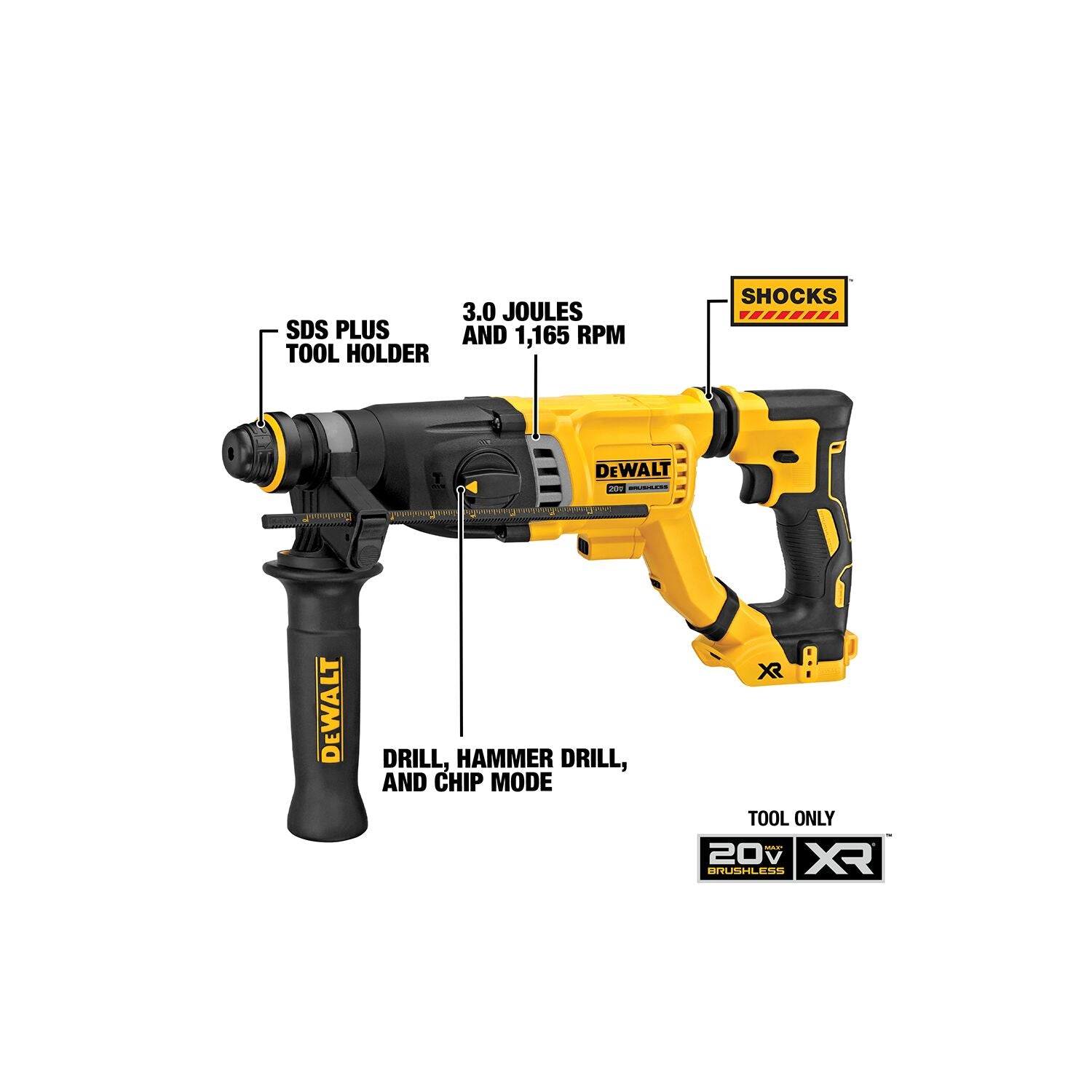 DeWALT 20V DCH263B MAX XR Brushless 1-1/8 In. SDS Plus D-Handle Rotary Hammer (Bare Tool) Fashion