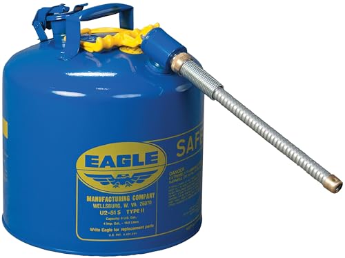 Eagle 5 Gallon Type II Blue Safety Gas Can for Kerosene with Flame Arrester, Self-Closing Lid, and 12″ x 7/8″ Flexible Metal Hose, Made in the USA, Galvanized Steel Flammable Storage Can, U251SB on Sale