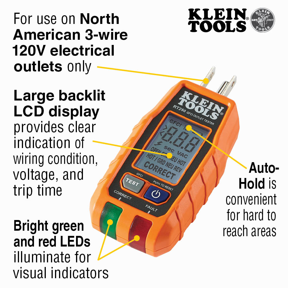 Klein Tools RT250 GFCI Outlet Tester with LCD Display, Electric Voltage Tester for Standard 3-Wire 120V Electrical Receptacles Supply