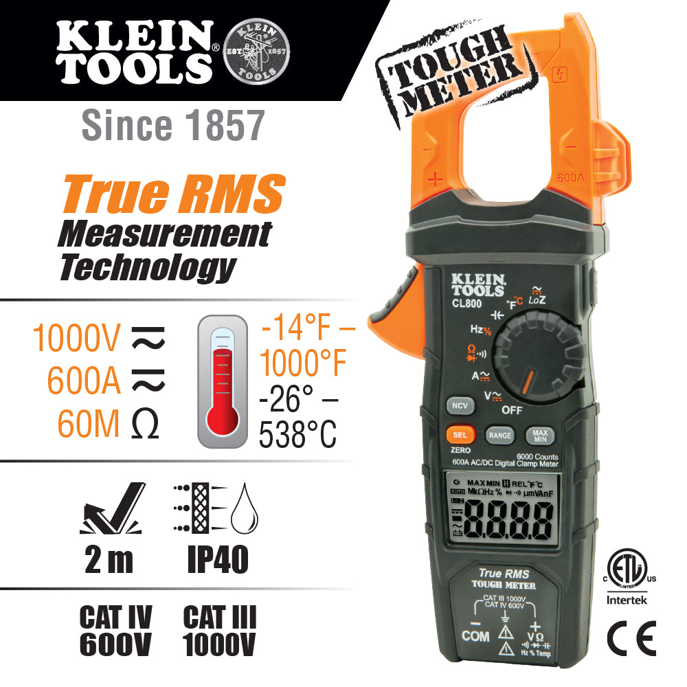 Klein Tools CL800 Digital Clamp Meter, Auto Ranging TRMS, AC/DC Volt/Current, LoZ, Continuity, Frequency, Capacitance, NCVT, Temp, More 1000V Fashion