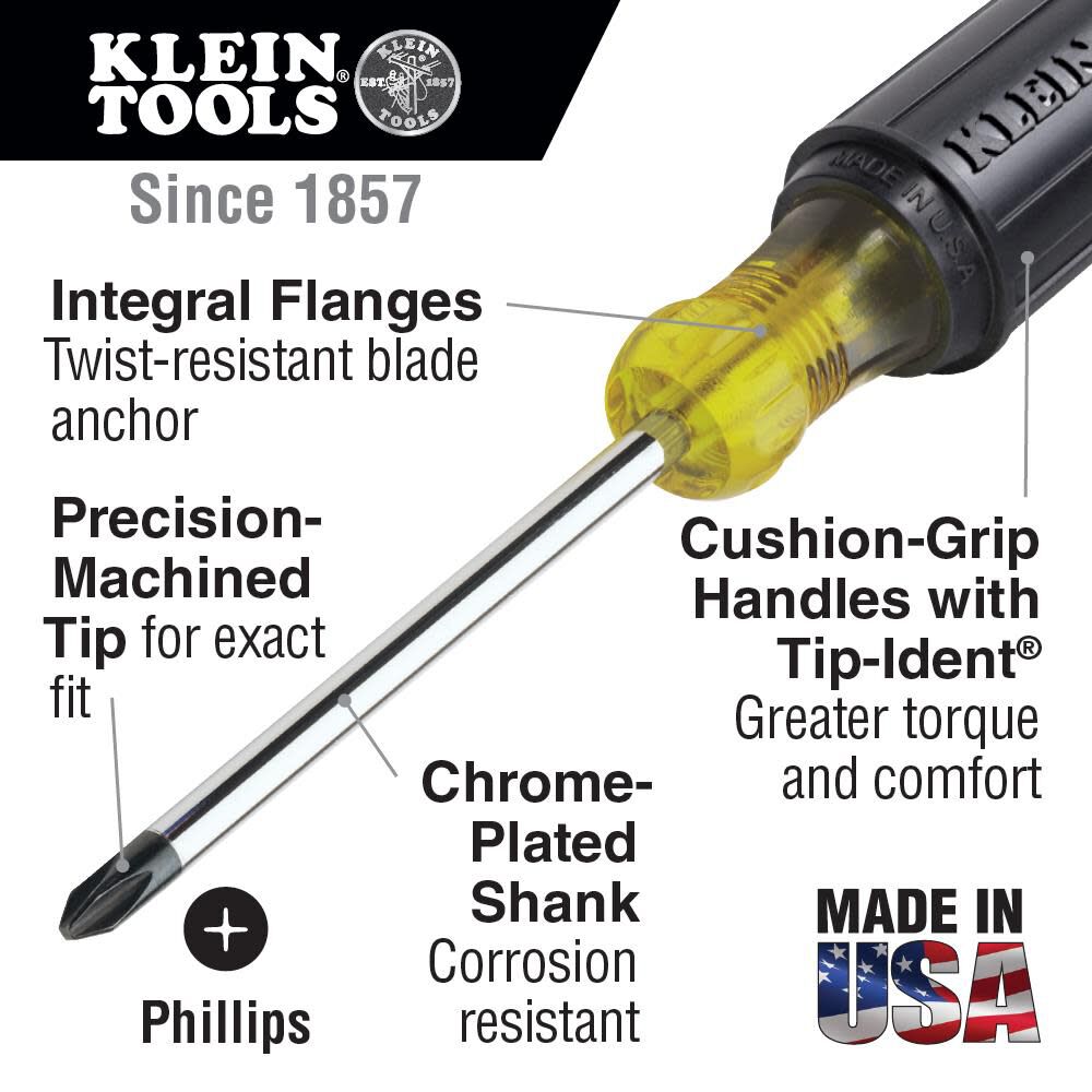 Klein Tools 85072 Long Blade Slotted and Phillips Screwdriver Set with Heat Treated Shafts and Cushioned Grips, Made in USA, 2-Piece Fashion