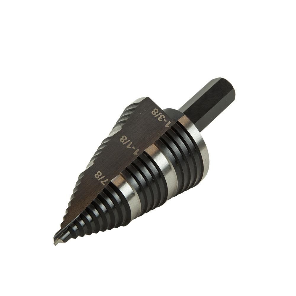 Klein Tools KTSB15 Step Drill Bit #15 Double Fluted 7/8 to 1-3/8-Inch with Easy-to-Read Step Markings and Targets, 3/8-Inch Hex Shank Supply