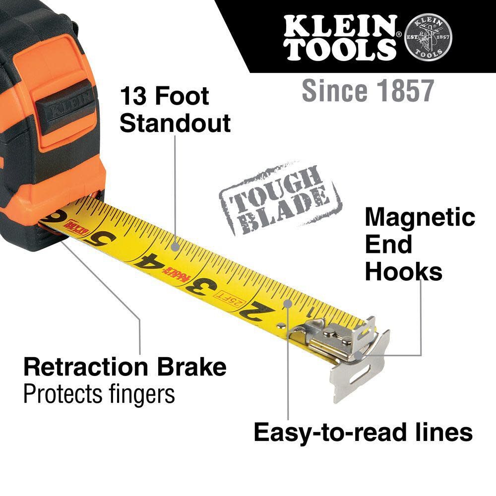 Klein Tools 9225 Tape Measure, Heavy-Duty Measuring Tape with 25-Foot Double-Hook Double-Sided Nylon Reinforced Blade, with Metal Belt Clip Discount