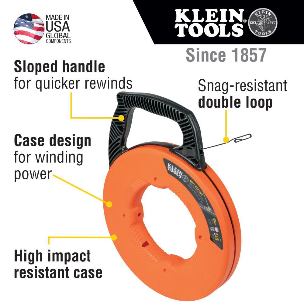 Klein Tools 56334 Electrical Fish Tape, 240-Foot Steel Wire Puller with Double Loop Tip, Optimized Housing and Handle, For Heavy Duty Wire Pulls Online now