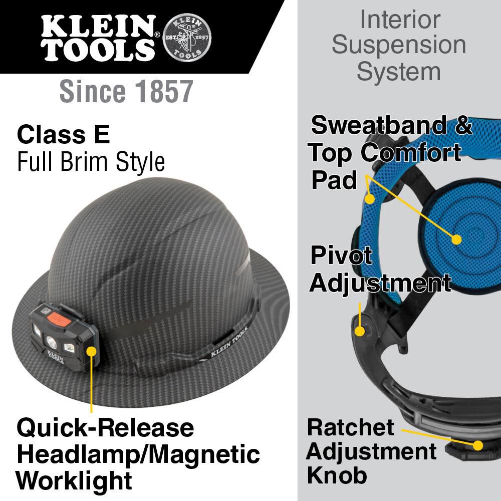 Klein Tools 60346 Hard Hat, Non-Vented Full Brim, Class E, Premium KARBN Pattern, Rechargeable Lamp, Padded Sweat-Wicking Sweatband, Top Pad Sale