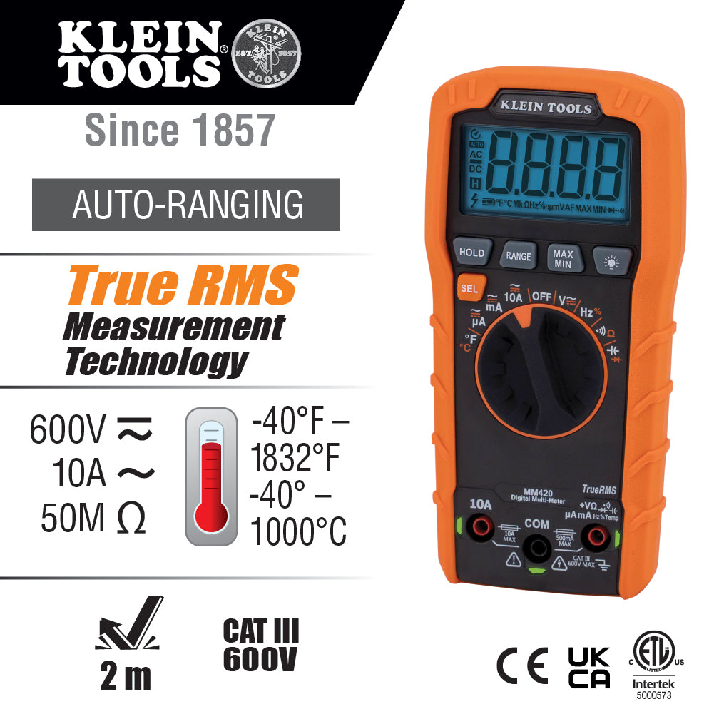 Klein Tools MM420 Digital Multimeter, Auto-Ranging TRMS Multimeter, 600V AC/DC Voltage, 10A AC/DC Current, 50 MOhms Resistance Hot on Sale