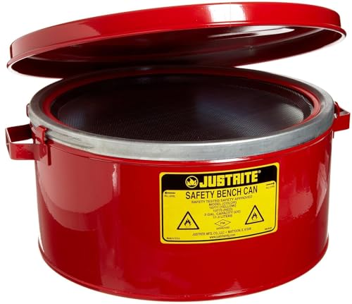 Justrite 10775 3 Gallon, 6″ H, 13 1/2″ O.D, 12 1/8″ Diameter 24 Gauge Premium Coated Steel Bench Can, Red Online Hot Sale