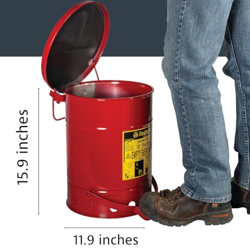 Justrite 6 Gallon Galvanized Steel Oily Waste Can, 16″ x 12″ Metal Oil Rag Safety Can with Quiet Foot-Operated Self-Closing Lid for Oil Rag Disposal, Made in The USA, Red, 09108 Sale