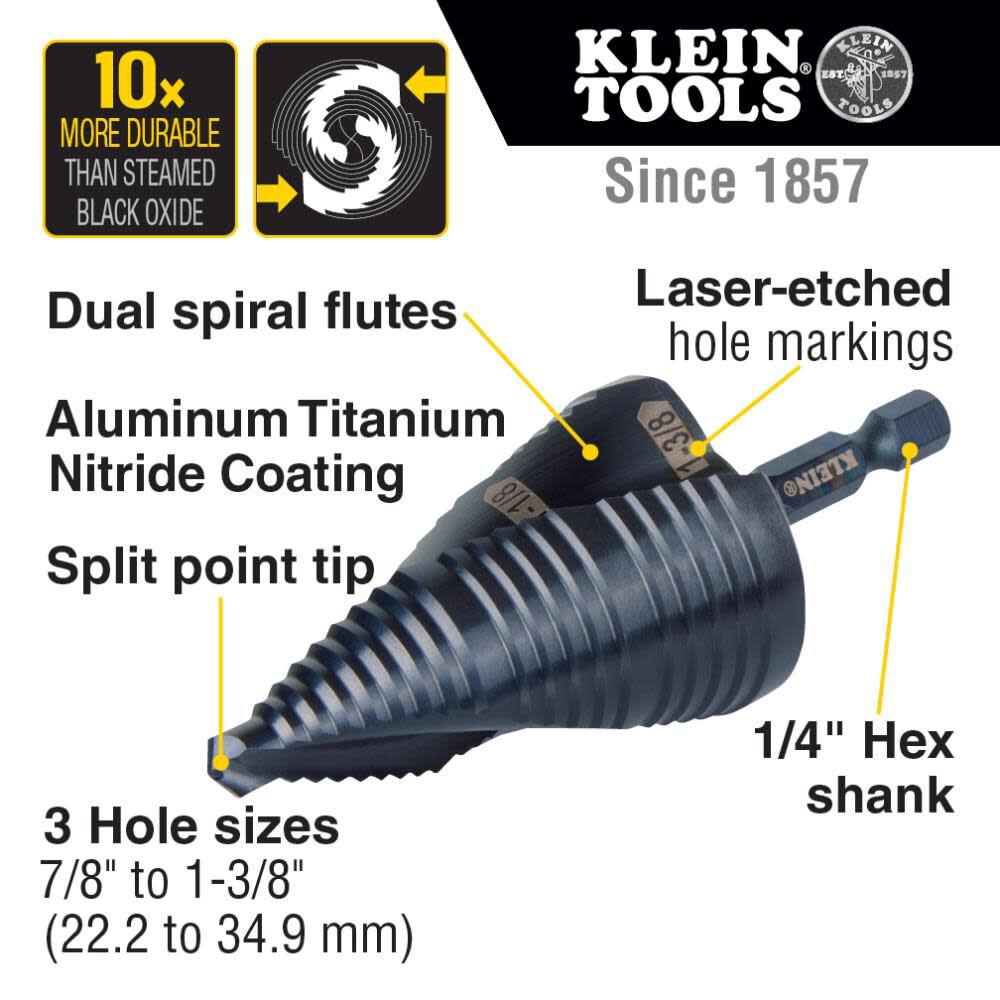 Klein Tools QRST15 Step Drill Bit, Quick Release Spiral Double-Fluted, 7/8 to 1-3/8-Inch, Hex Shank, Cut Steel, Wood, Plastic, Aluminum Hot on Sale