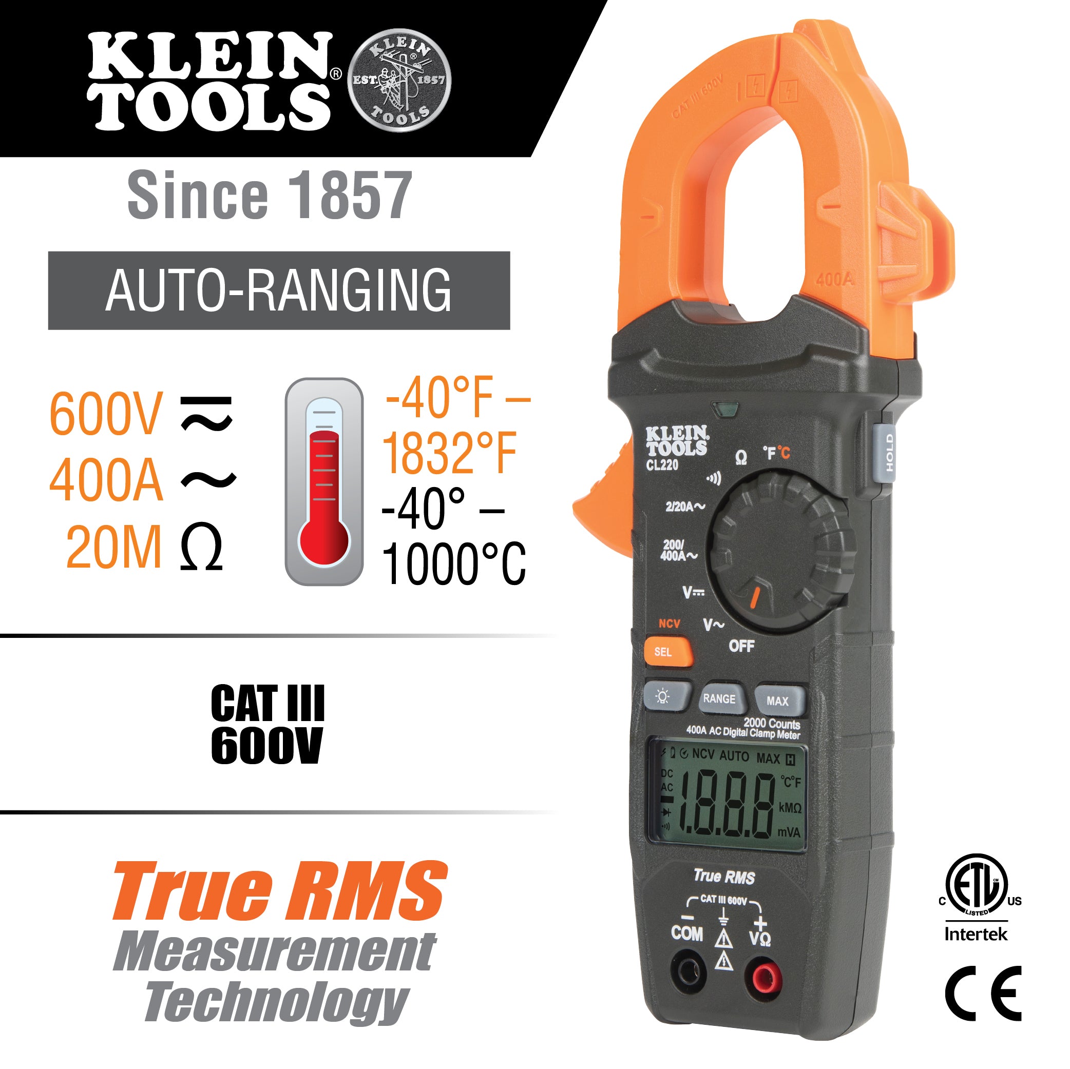 Klein Tools CL220 Digital Clamp Meter, Auto-Ranging 400 Amp AC, AC/DC Voltage, TRMS, Resistance, Continuity, NCVT Detection, and Temp on Sale