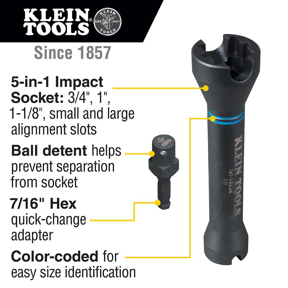 Klein Tools NRHD 5-In-1 Impact Socket, Features Three Square Socket Sizes: 3/4-,1, and 1-1/8- Inch, and Small and Large Alignment Slots Online now