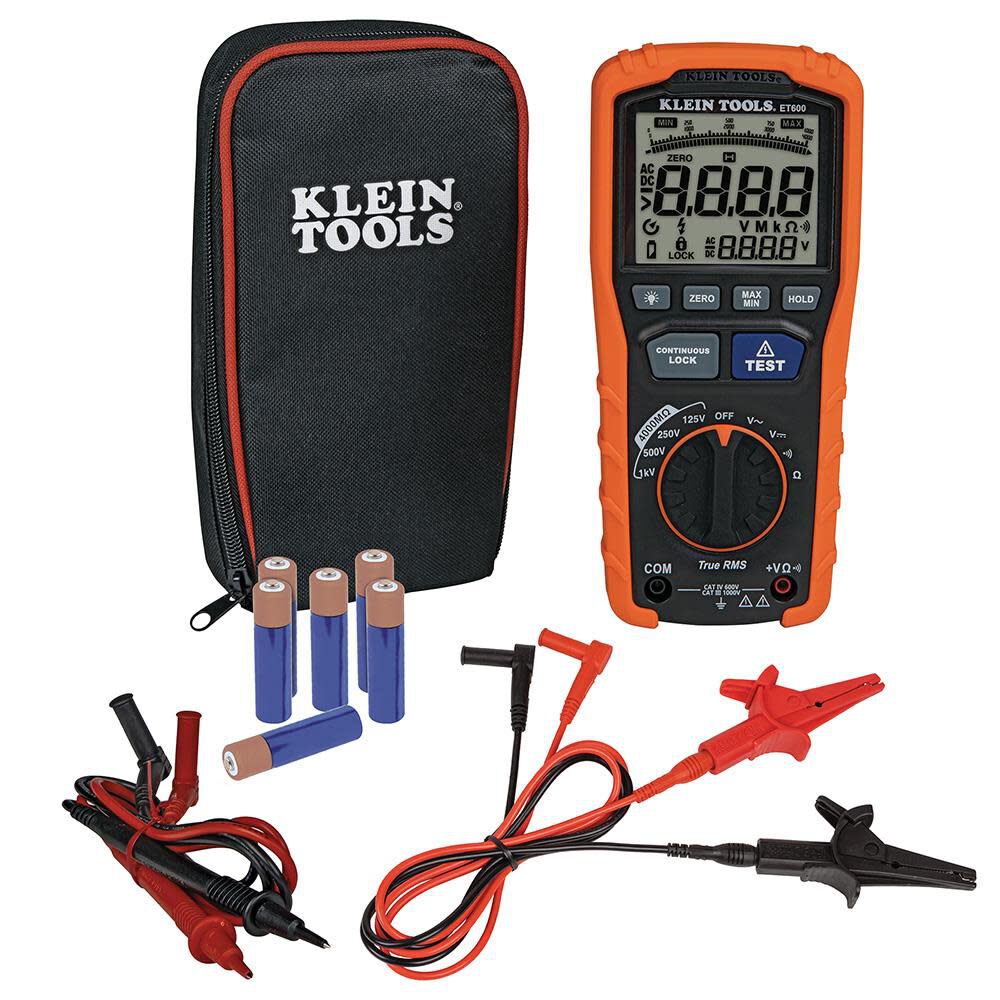 Klein Tools ET600 Multimeter, Megohmmeter Insulation Tester, 4000 Ohms Resistance, 125V/250V/500V/1000V, Auto-Ranging TRMS Multimeter Hot on Sale
