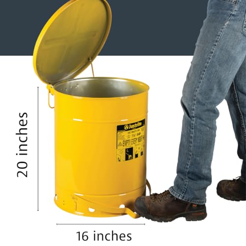Justrite 14 Gallon Galvanized Steel Oily Waste Can, 20″ x 16″ Metal Oil Rag Safety Can with Foot Operated Self-Closing Lid for Oil Rag Disposal, Made in The USA, Yellow, 09501 Supply