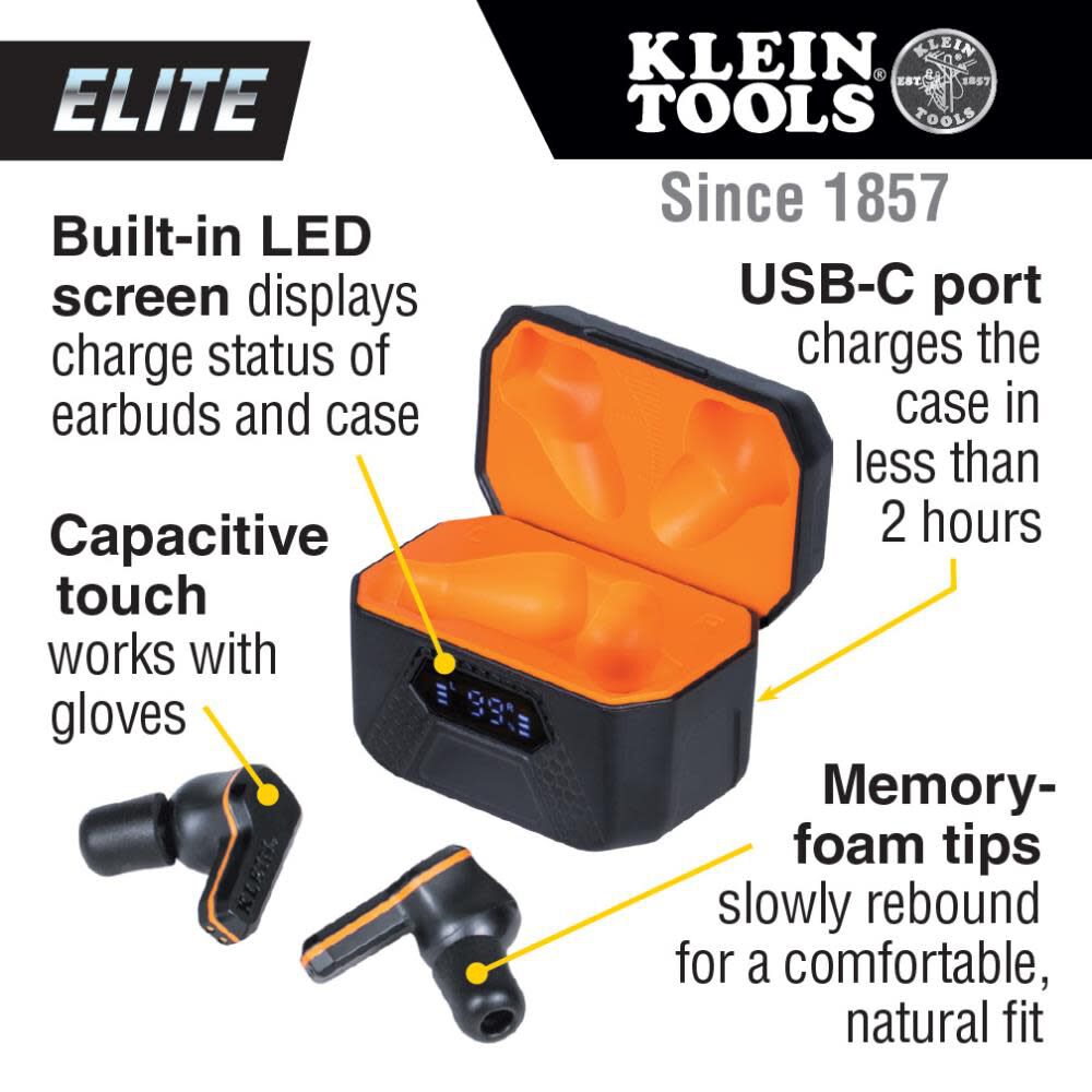 Klein Tools AESEB2 Elite Bluetooth Jobsite Earbuds, True Wireless Earplugs, 25dB NRR Hearing Protection, 24-Hour Playtime, Digital LED Display Fashion