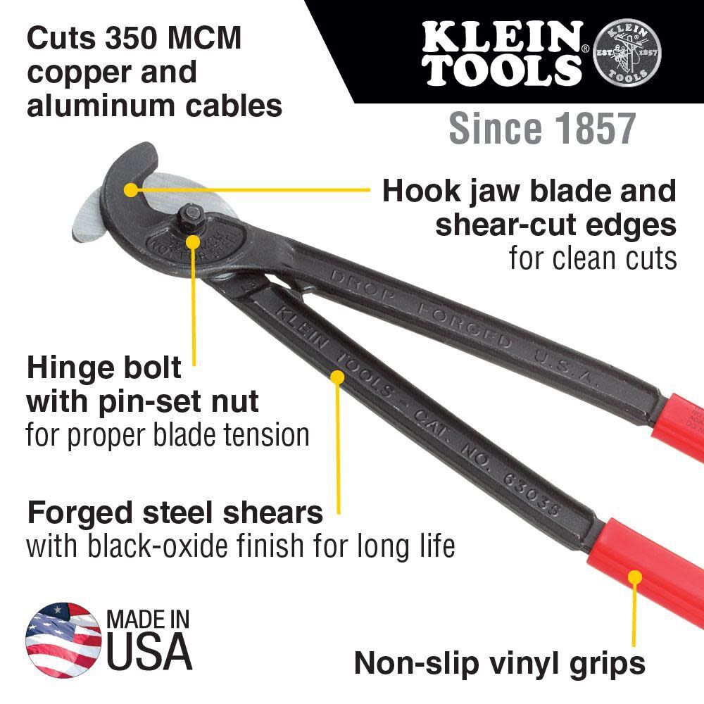 Klein Tools 63035 Cable Cutter, Made in USA, Utility Cable Cutter Cuts MCM Copper and 350 MCM Aluminum Cable, with Shear-Type Hook Jaws, 16-Inch Handles Supply