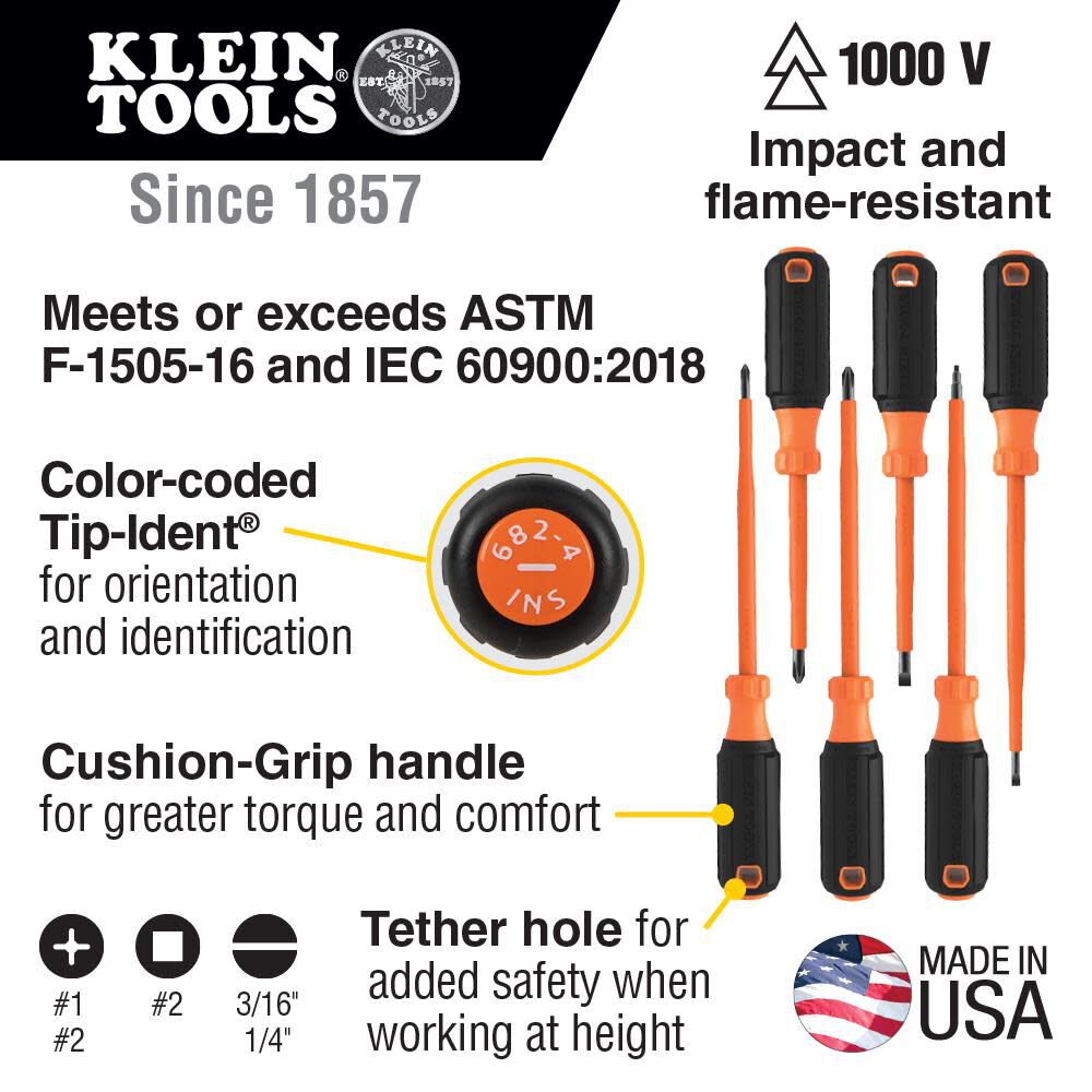 Klein Tools 85076INS Insulated Screwdriver Set features 1000V Screwdrivers, (3) Phillips and (2) Slotted and Square Tips, 6-Piece Sale