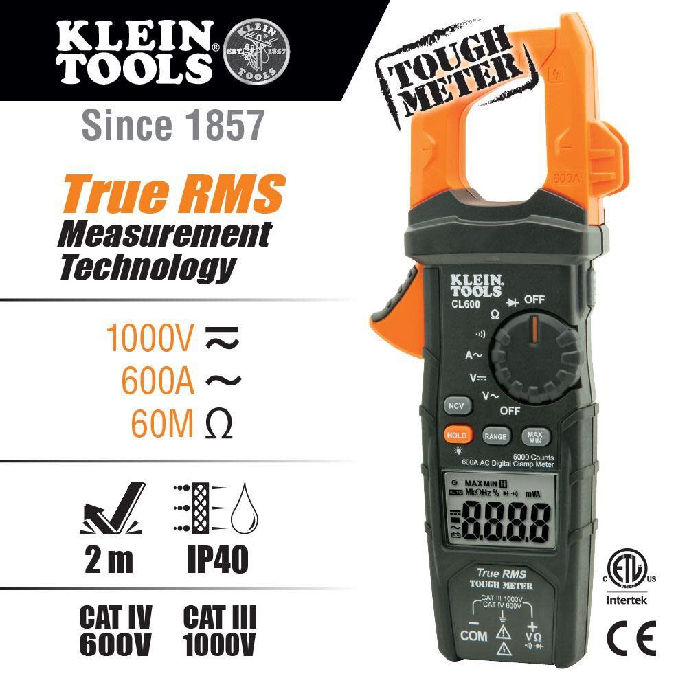 Klein Tools CL600 Electrical Tester, Digital Clamp Meter has Auto Range TRMS, Measures AC Current, AC/DC Volts, Resistance, NCVT, More, 1000V Discount