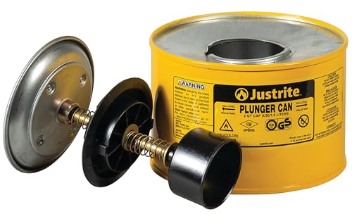 Justrite Plunger Can for Solvents, 2 Quarts Capacity, 7.4″ x 7.25″ Steel Push-Down Solvent Dispenser Can, Made in the USA Industrial Mechanic Tools, Yellow, 10218 on Sale