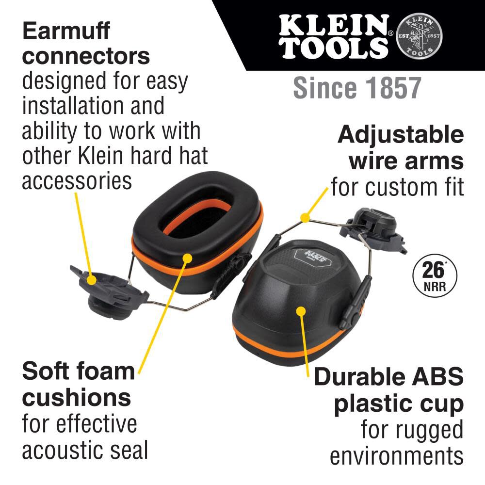 Klein Tools 60502 Earmuffs, Full Brim Hard Hat Attachment, 26dB Noise Protection, for Construction, Manufacturing, Maintenance, Woodworking Online now
