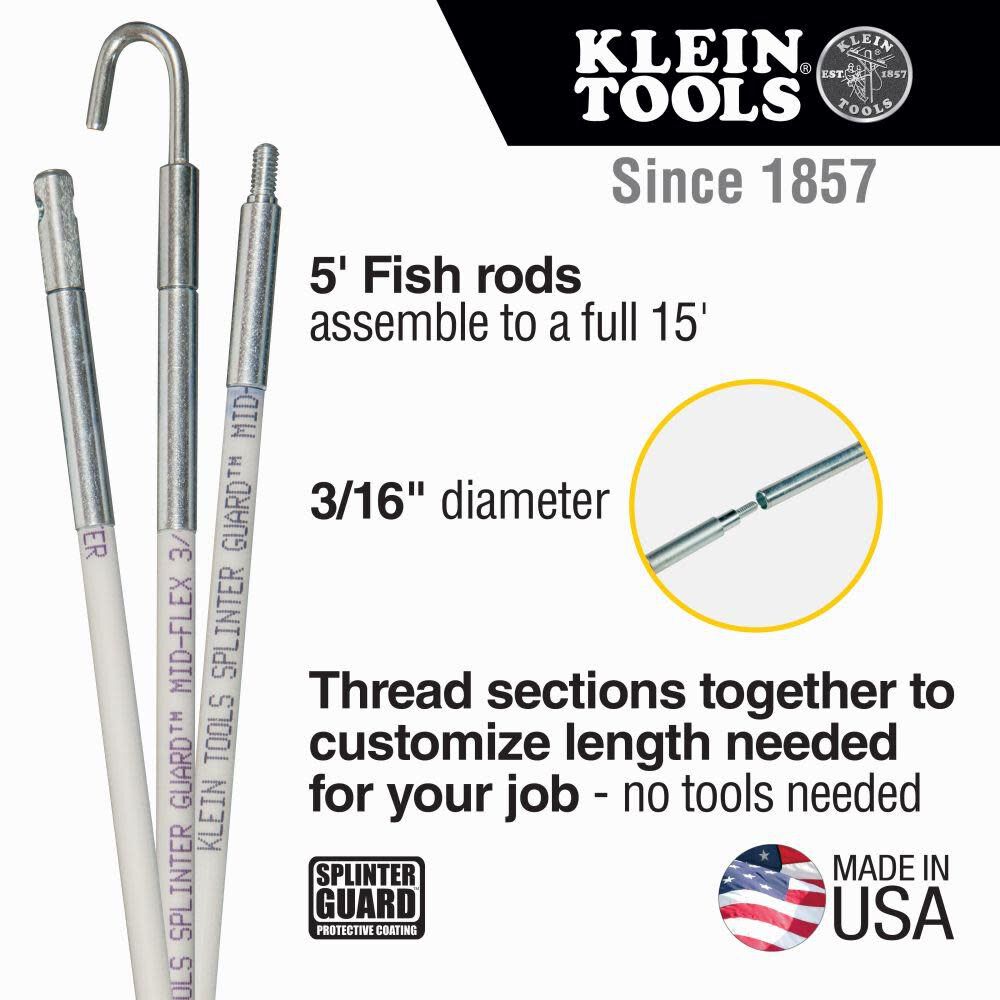 Klein Tools 56415 Mid-Flex Glow Rod Set, Fish Rod with Splinter Guard Coating and Stainless Steel Connectors, Bullet Nose and Hook Attachments, 15-Foot Hot on Sale