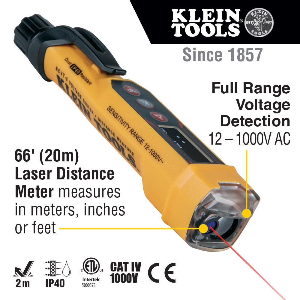 Klein Tools NCVT-6 Non-Contact Volt Tester, 12 – 1000V AC Pen with Integrated Laser Distance Measure, LED and Audible Alarms, Pocket Clip Online Sale