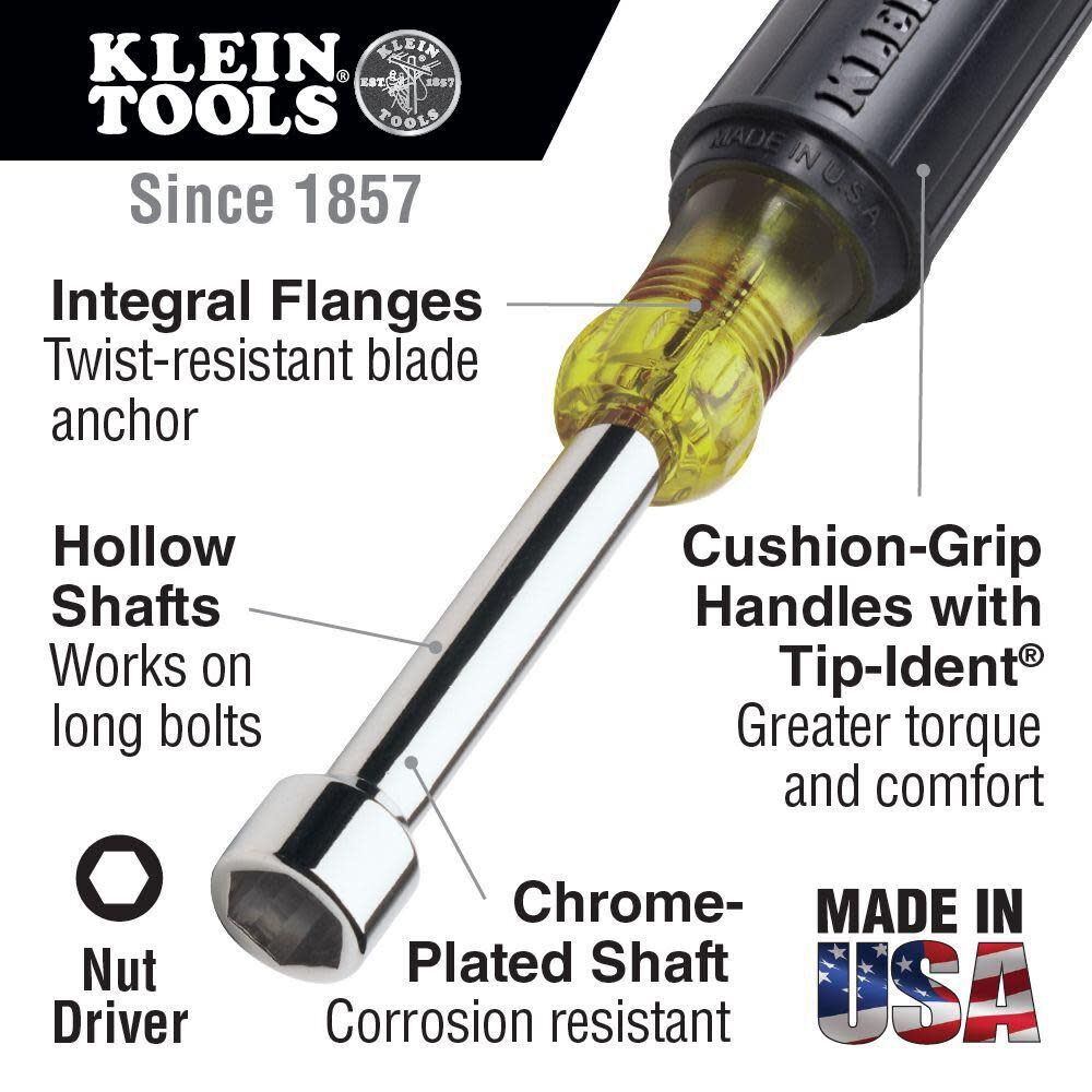 Klein Tools 631 Tool Set, Made in USA, Nut Driver Set w/Hex Nut Sizes 3/16, 1/4, 5/16, 11/32, 3/8, 7/16 and 1/2-Inch on 3-Inch Full Hollow Shaft, 7-Piece Sale