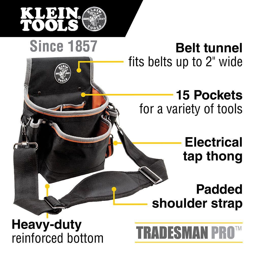 Klein Tools 5243 Tradesman Pro Tool Pouch with Padded Shoulder Strap, Reinforced Bottoms and Electrical Tape Thong, 15-Pocket Online Sale