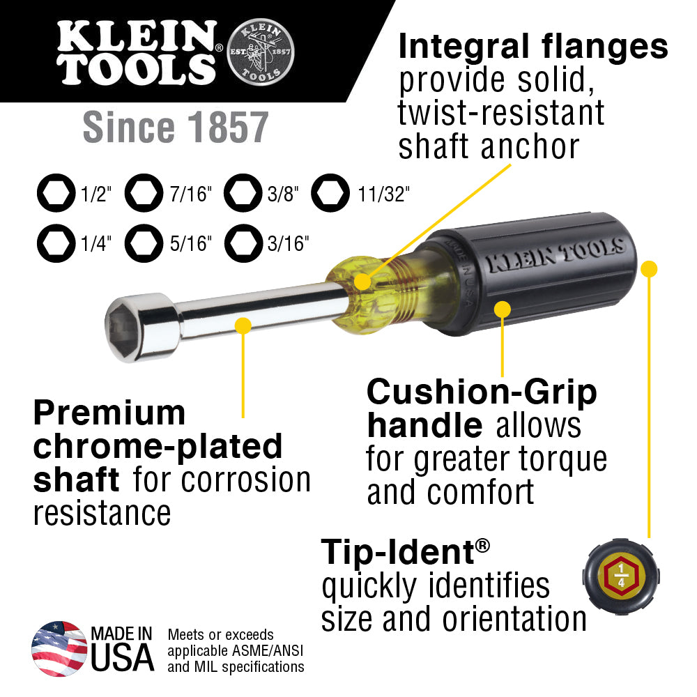 Klein Tools 647 Tool Set, Made in USA, Nut Drivers Sizes 3/16, 1/4, 5/16, 11/32, 3/8, 7/16, 1/2-Inch, Chrome-Plated 6-Inch Shafts, Cushion Grip, 7-Piece Online now