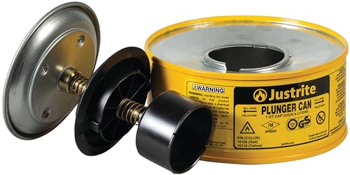 Justrite Plunger Can for Solvents, 1 Quart Capacity, 5.6″ x 7.25″ Steel Push-Down Solvent Dispenser Can, Made in The USA Industrial Mechanic Tools, Yellow, 10118 Online Hot Sale