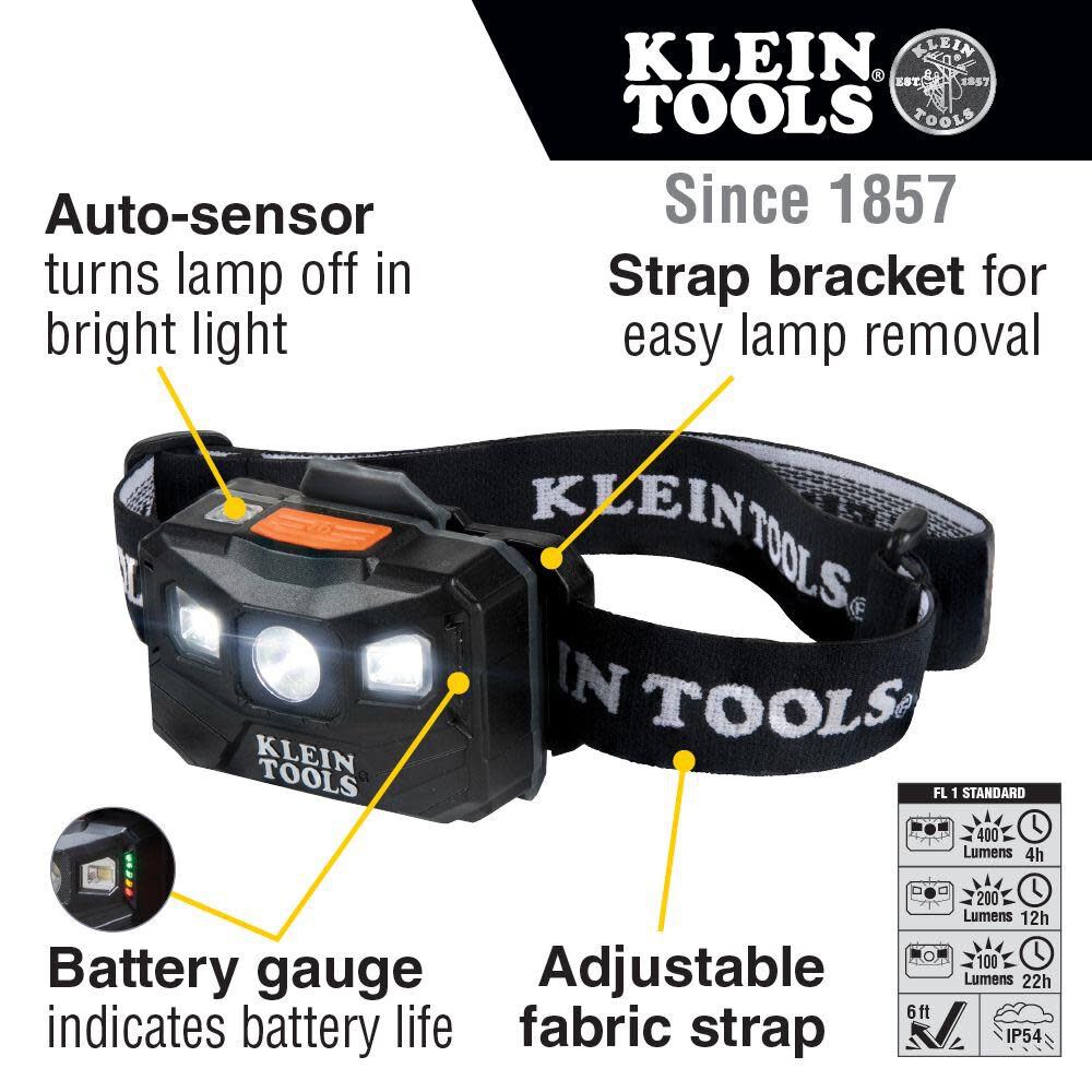 Klein Tools 56048 Rechargeable Auto-Off LED Headlamp, Adjustable Fabric Strap, 400 lms, All-Day Runtime, for Work, Running, Outdoor Hiking Online now