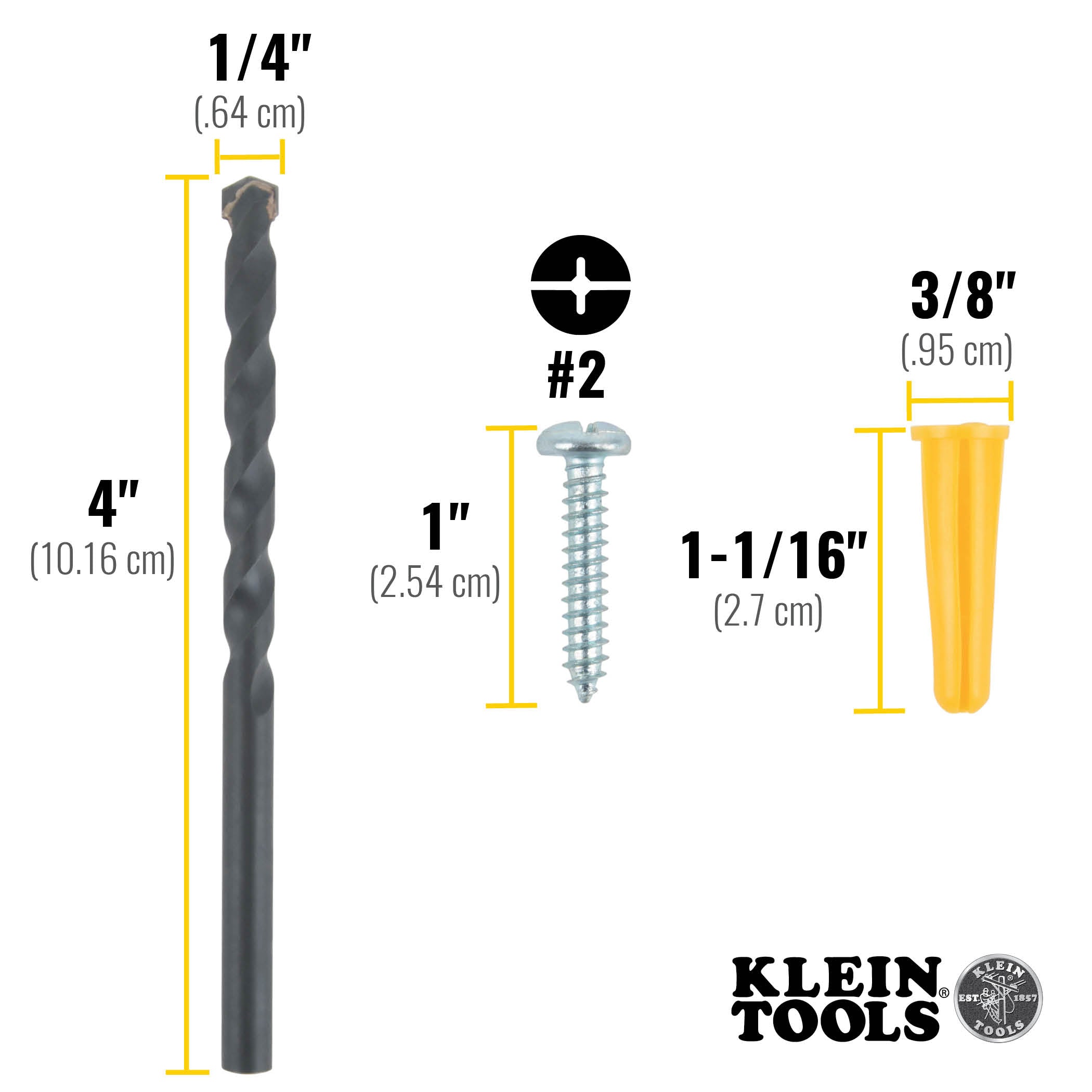 Klein Tools 53729 Conical Anchor Kit, 100 Anchors, 100 #2 Phillips, 1/4 Inch Masonry Drill Bit, Drywall and Masonry Discount