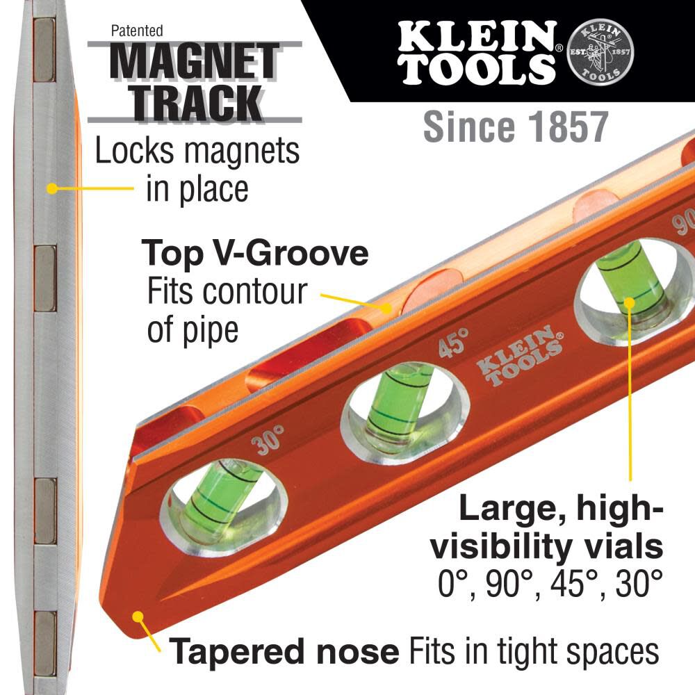 Klein Tools 935AB4V Level, 6-Inch Magnetic Torpedo and Conduit Level with 0/30/45/90 Degree Vials, V-Groove and Magnet Track, High Visibility Orange on Sale