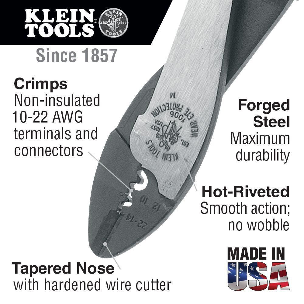 Klein Tools 1006 Cutting / Crimping Tool, Made in USA, Crimps 10 to 22 AWG Solderless Terminals and Connectors, with Wire Cutter in Tapered Nose on Sale