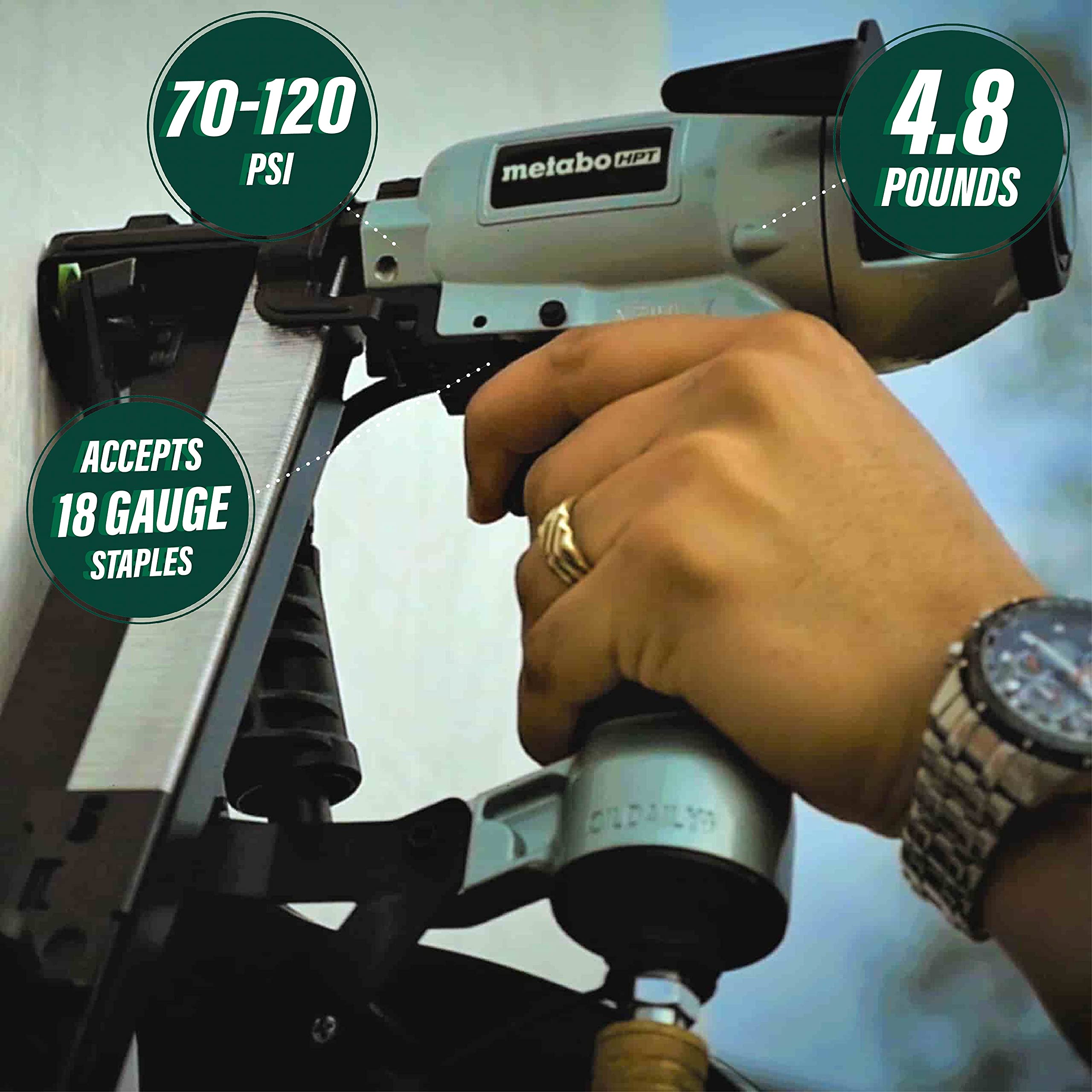 Metabo HPT Cap Stapler, Pneumatic, 18 Gauge, 1″ Cap Diameter, 7/8″ to 1-1/2″ Staple Length, 5-Year Warranty Supply
